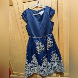 Girls size 7 Rare Editions navy and gold holiday dress